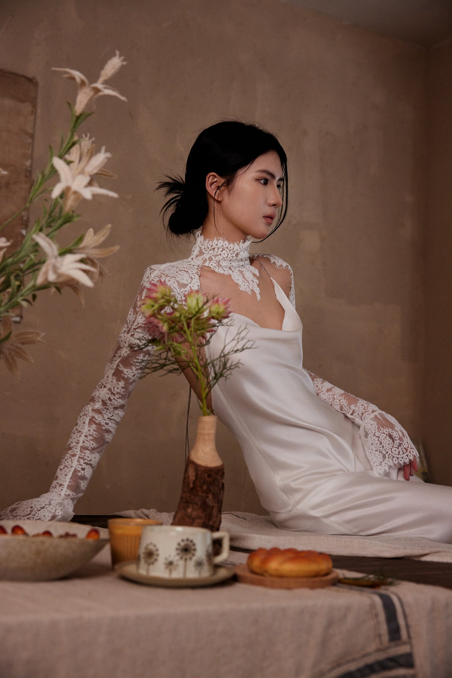 Tsuki | Satin Maxi Dress with Chain (White)