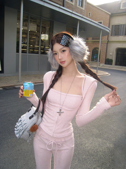 4muggle | Terry Cloth Devil Horn Hoodie, Cami & Flared Pants 3-Piece Set (2 Color)