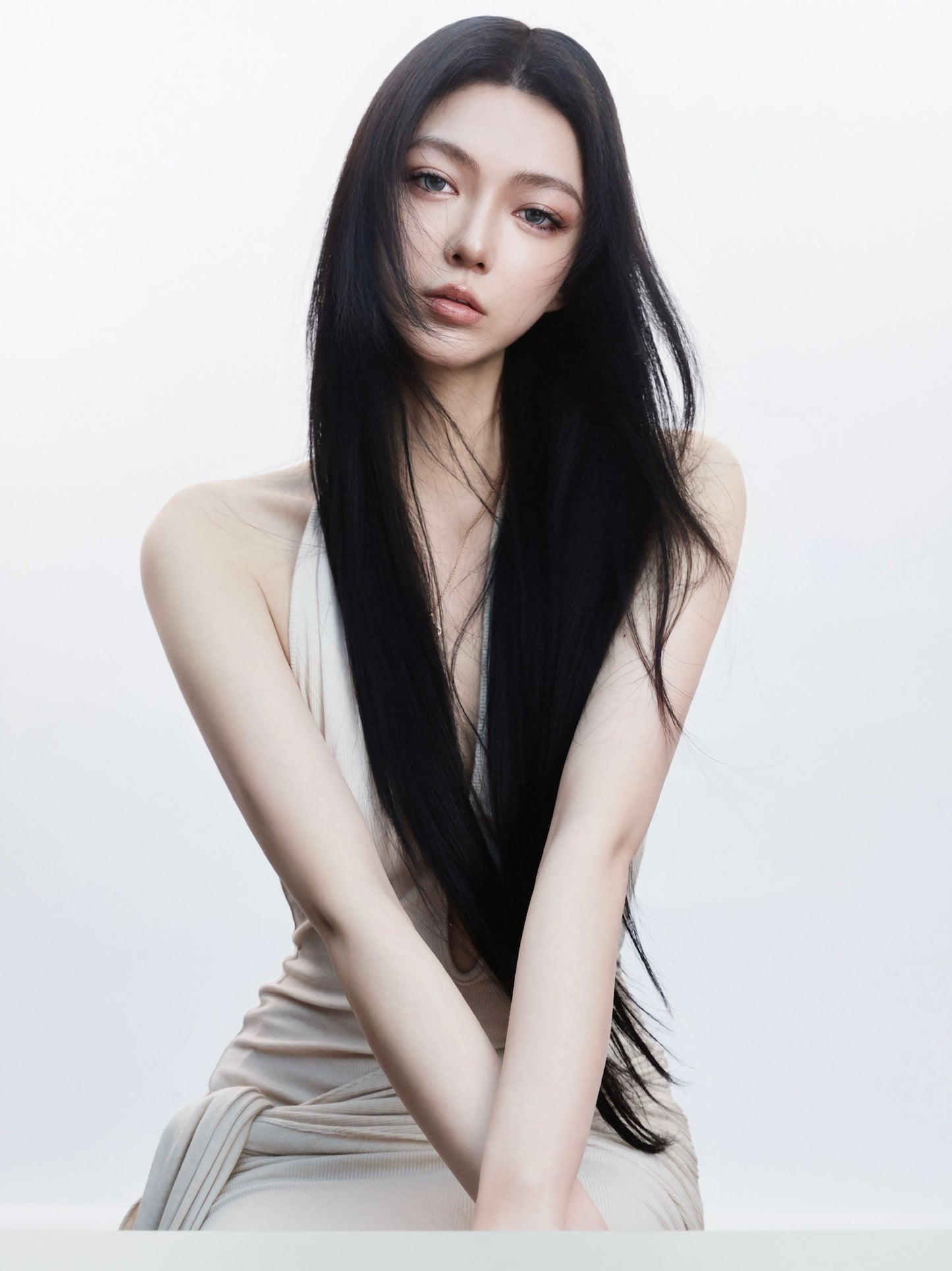 Tsuki | Asymmetric Halter Neck Backless Maxi Dress (Nude)