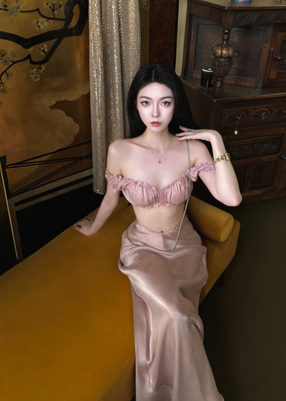 Tsuki | Off-the-Shoulder Bra Top+Ruffled Mermaid Skirt (Soft Pink)