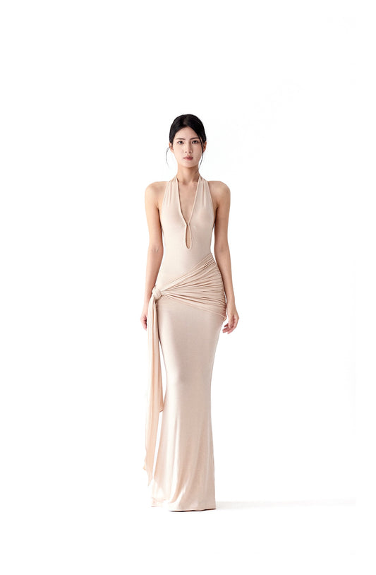 Tsuki | Asymmetric Halter Neck Backless Maxi Dress (Nude)