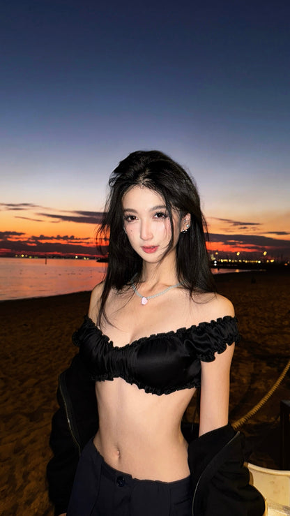 Tsuki | Off-the-Shoulder Bra Top+Ruffled Mermaid Skirt (Black)