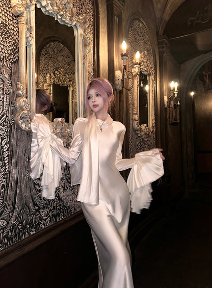 Tsuki | Backless Maxi Dress with Ruffled Sleeves (White)