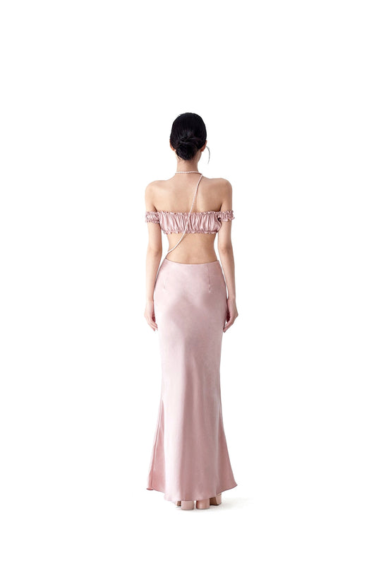 Tsuki | Off-the-Shoulder Bra Top+Ruffled Mermaid Skirt (Soft Pink)