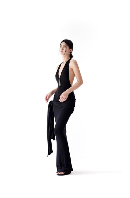 Tsuki | Asymmetric Halter Neck Backless Maxi Dress (Black)