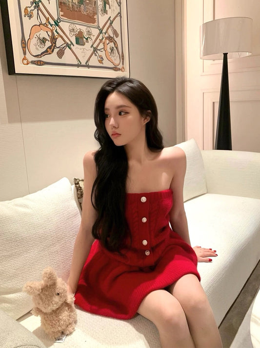 ROCHA ROMA | Strapless Knit Top with Cardigan & High-Waisted Bubble Skirt Set