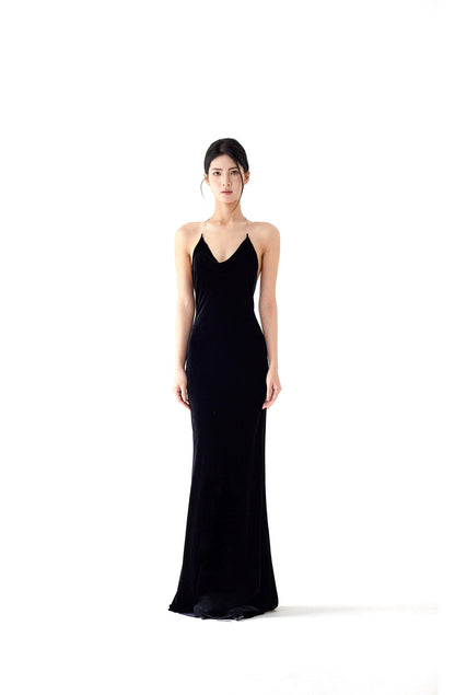 Tsuki | Velvet Maxi Dress with Chain (Black)