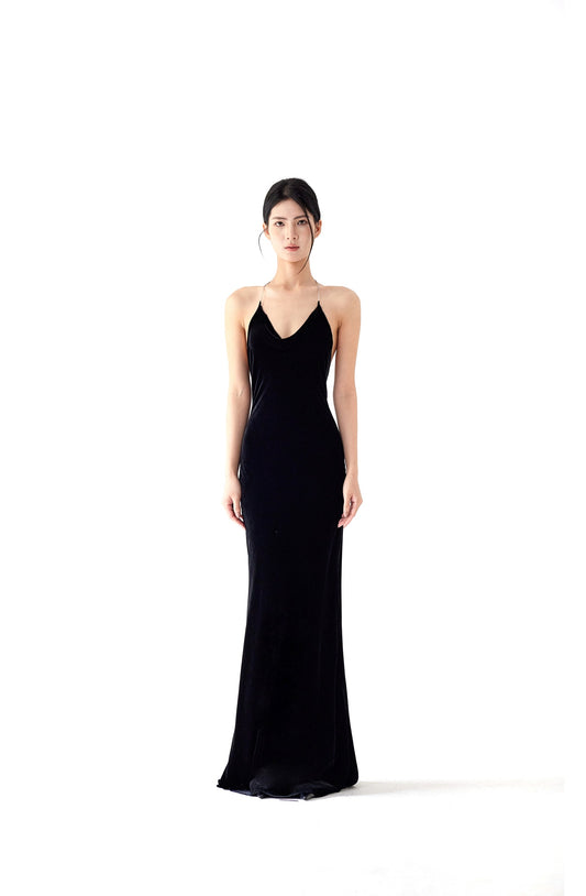 Tsuki | Velvet Maxi Dress with Chain (Black)