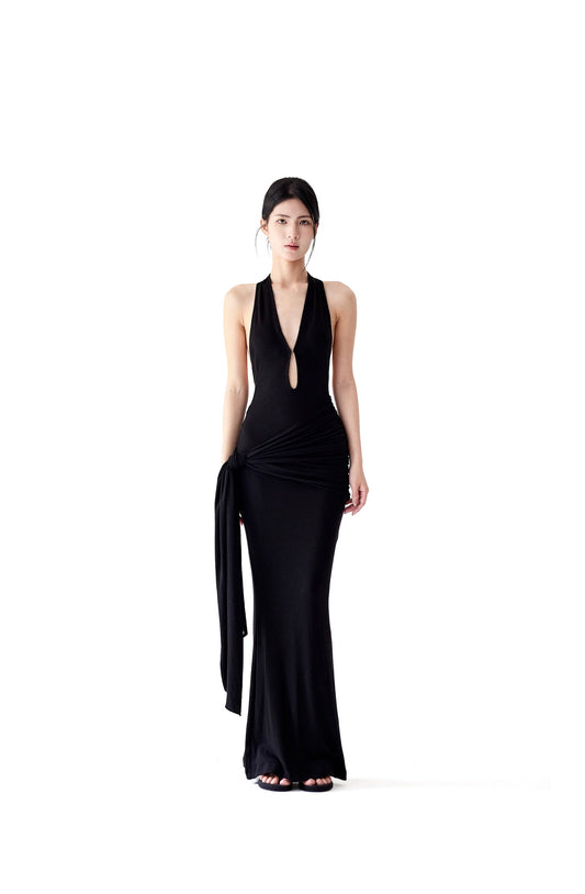 Tsuki | Asymmetric Halter Neck Backless Maxi Dress (Black)