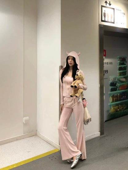 4muggle | Terry Cloth Devil Horn Hoodie, Cami & Flared Pants 3-Piece Set (2 Color)