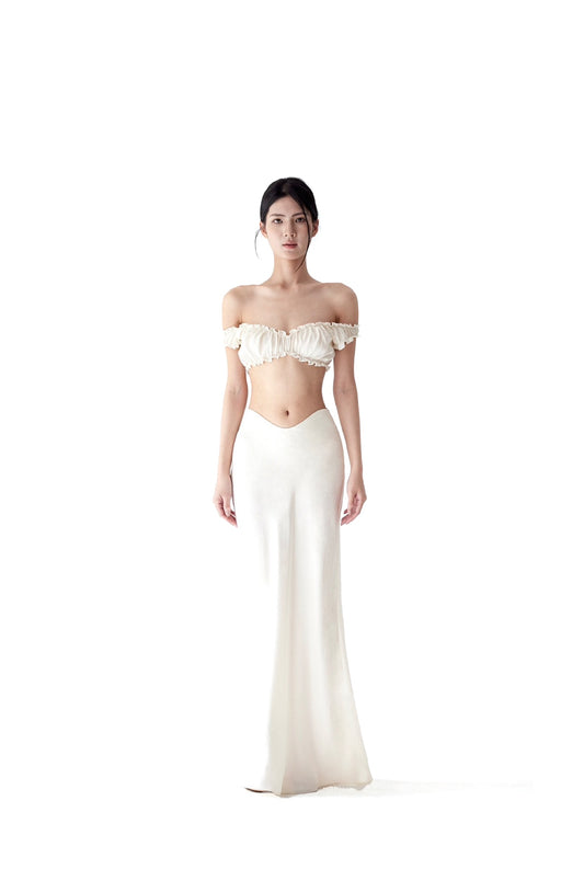 Tsuki | Off-the-Shoulder Bra Top+Ruffled Mermaid Skirt (Cream)