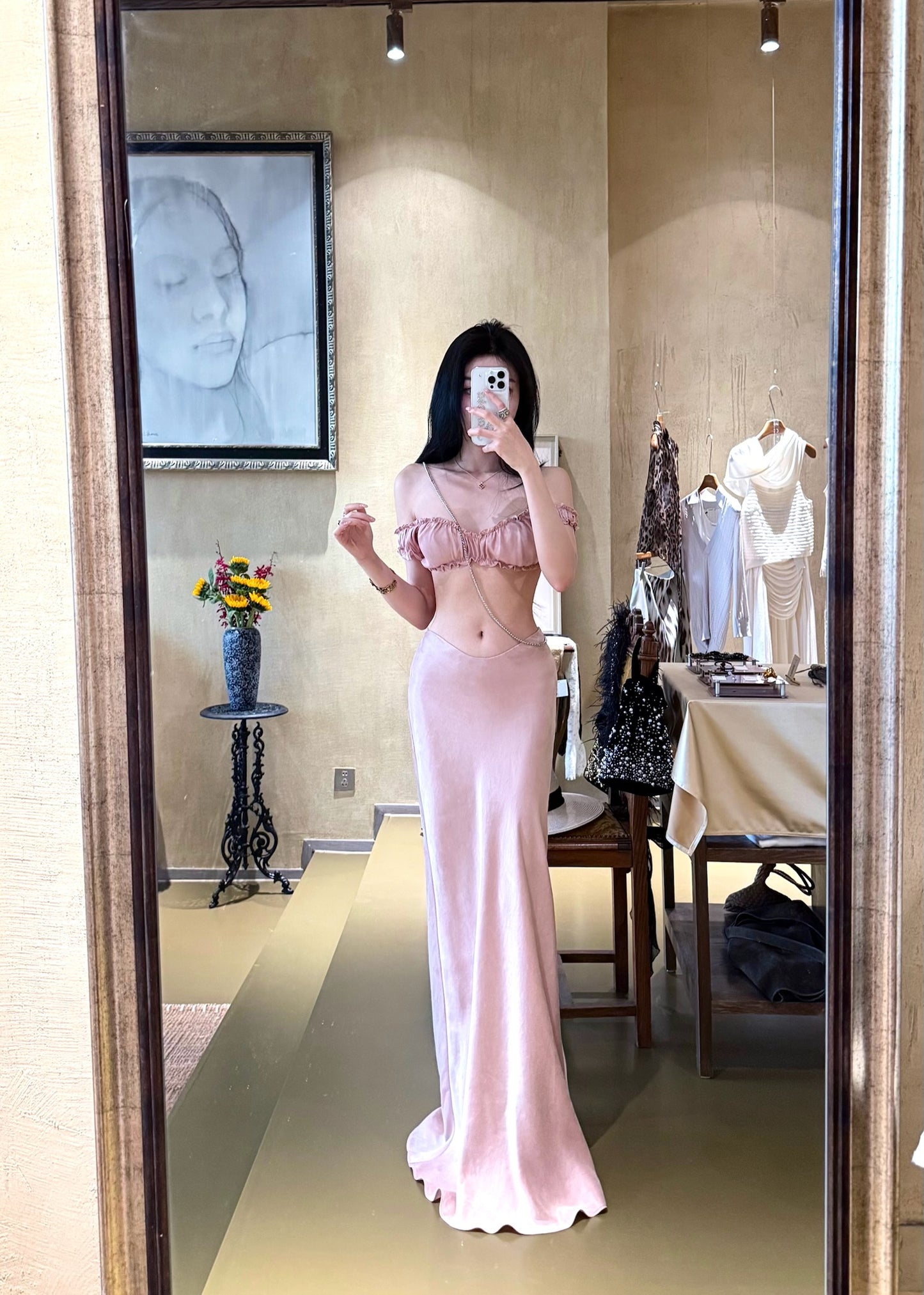 Tsuki | Off-the-Shoulder Bra Top+Ruffled Mermaid Skirt (Soft Pink)