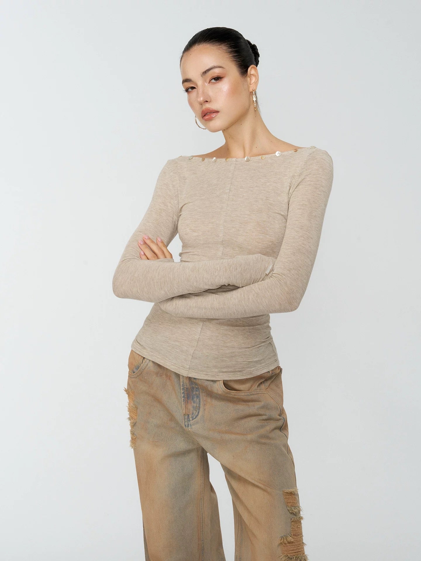 4muggle | Khaki V-Neck Rhinestone Button 2 Way Long-Sleeve Top