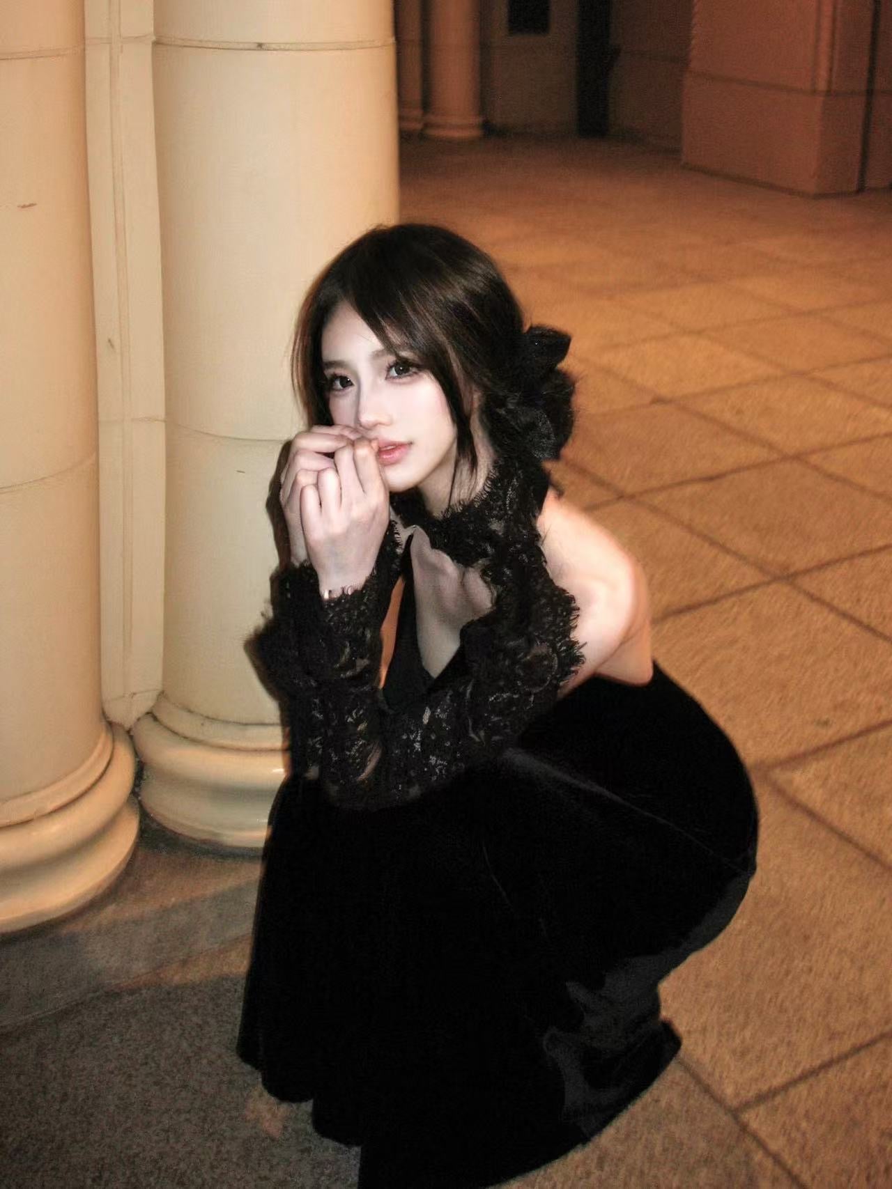 Tsuki | Velvet Maxi Dress with Chain (Black)