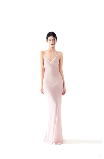 Tsuki | Velvet Maxi Dress with Chain (Sakura Pink)