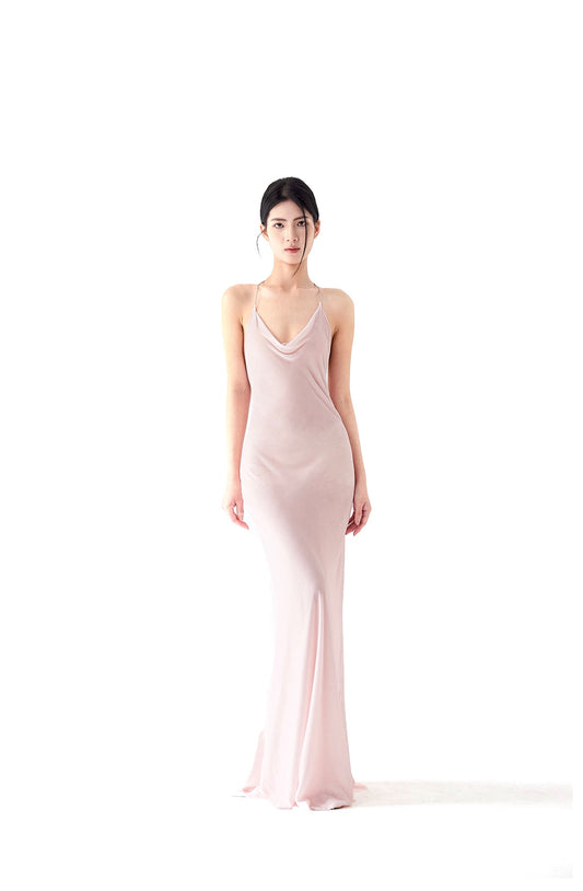 Tsuki | Velvet Maxi Dress with Chain (Sakura Pink)