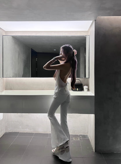 Tsuki | Halter Neck Backless Top + Low-Rise Bootcut Pants (White)