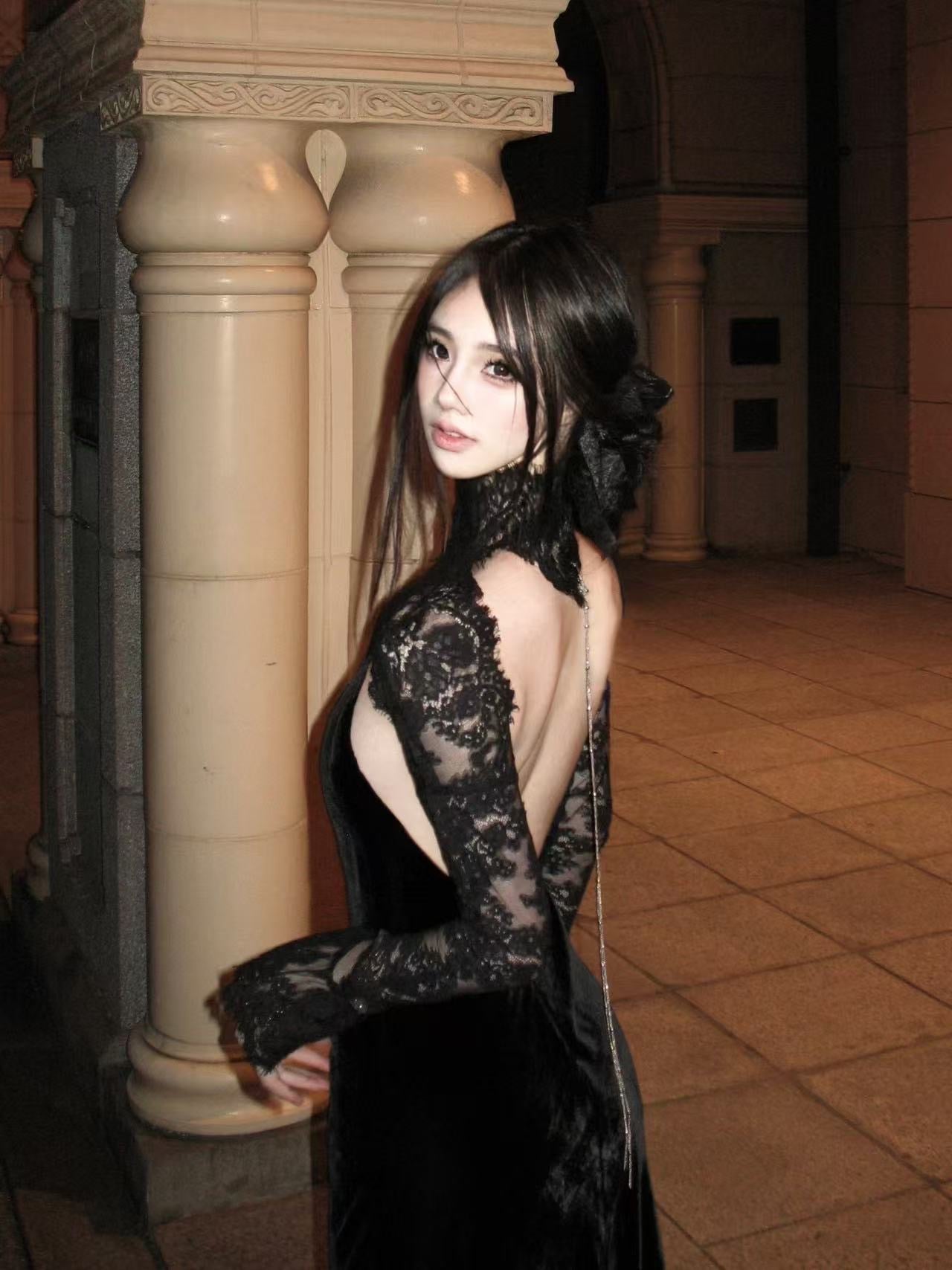 Tsuki | Velvet Maxi Dress with Chain (Black)