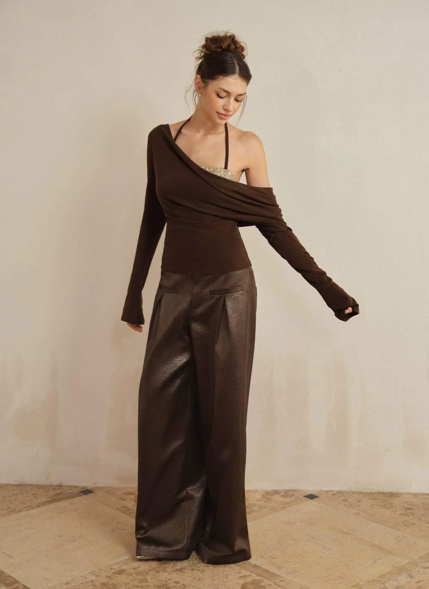 J TheChosen | Two-Piece Knit Sequin Halter Top with Drape-Neck Long Sleeve Base