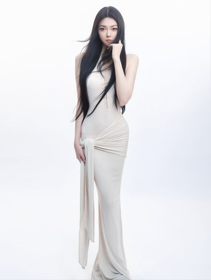 Tsuki | Asymmetric Halter Neck Backless Maxi Dress (Nude)