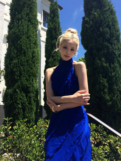 Tsuki | Halter Backless Ruffled Tiered Maxi Dress (Klein Blue/Burgundy Red)