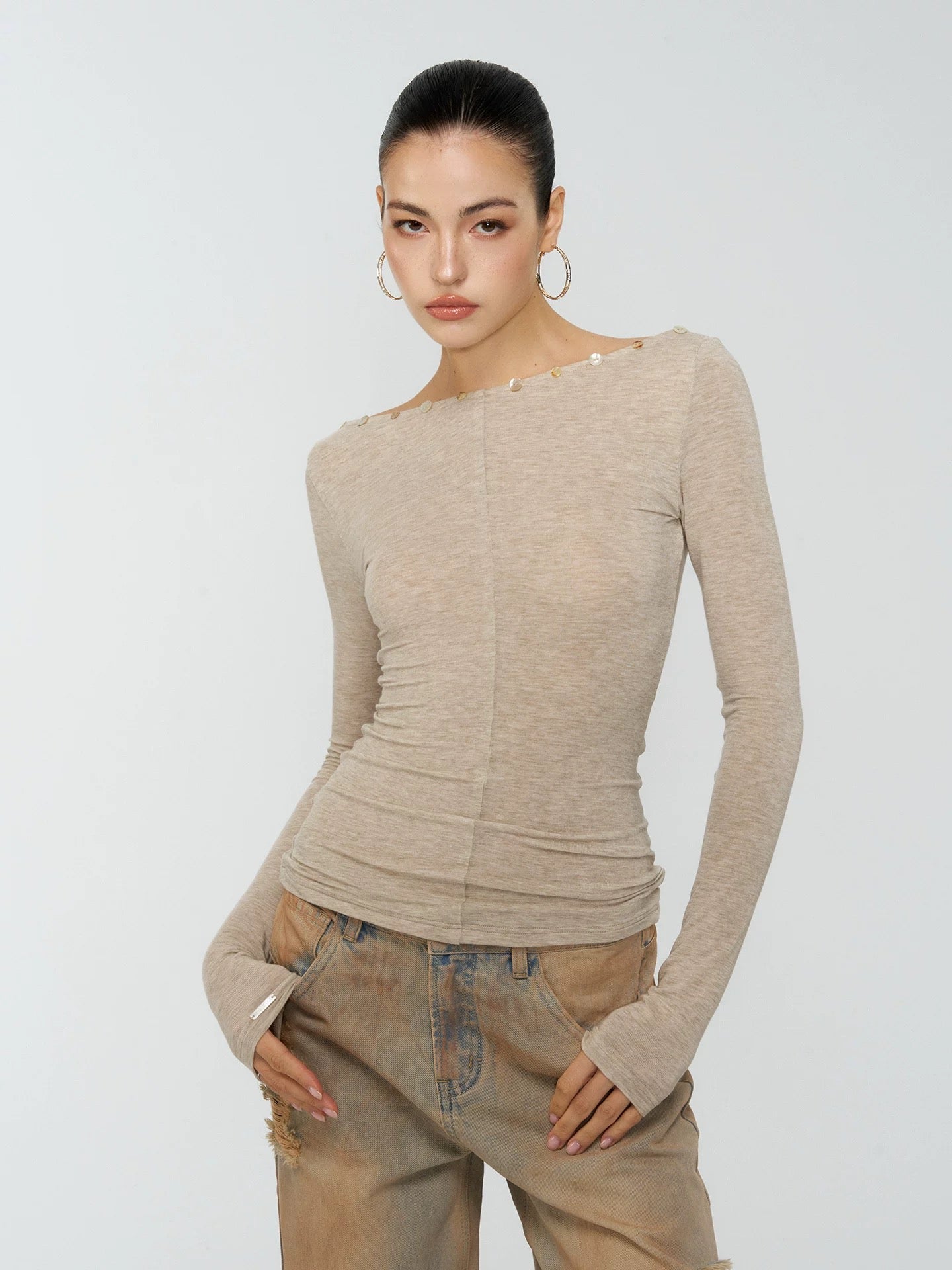 4muggle | Khaki V-Neck Rhinestone Button 2 Way Long-Sleeve Top