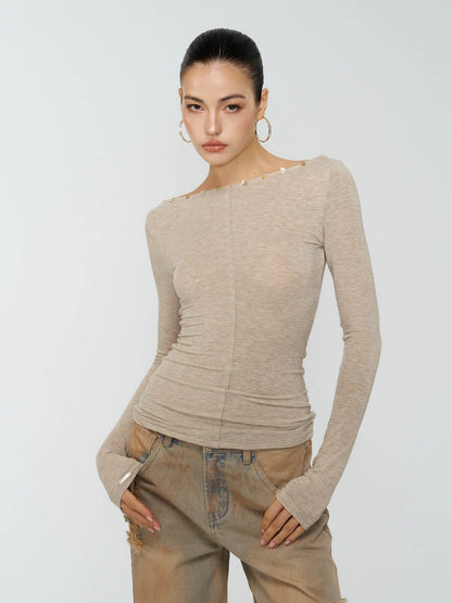 4muggle | Khaki V-Neck Rhinestone Button 2 Way Long-Sleeve Top