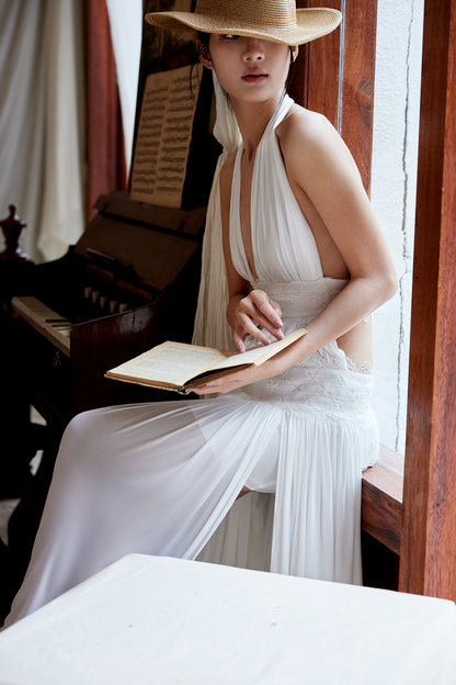 Tsuki | Halter Neck Pleated Backless Maxi Dress