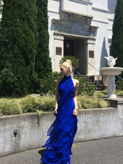 Tsuki | Halter Backless Ruffled Tiered Maxi Dress (Klein Blue/Burgundy Red)