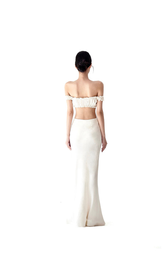 Tsuki | Off-the-Shoulder Bra Top+Ruffled Mermaid Skirt (Cream)