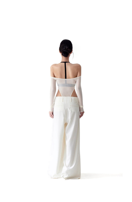 Tsuki | Semi-Sheer Off-the-Shoulder Bodysuit (Cream)