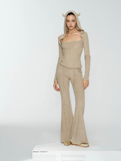 4muggle | Terry Cloth Devil Horn Hoodie, Cami & Flared Pants 3-Piece Set (2 Color)