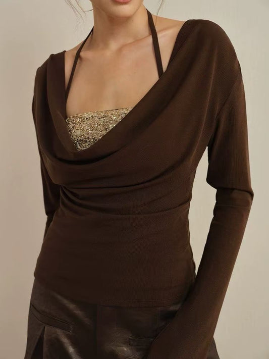 J TheChosen | Two-Piece Knit Sequin Halter Top with Drape-Neck Long Sleeve Base