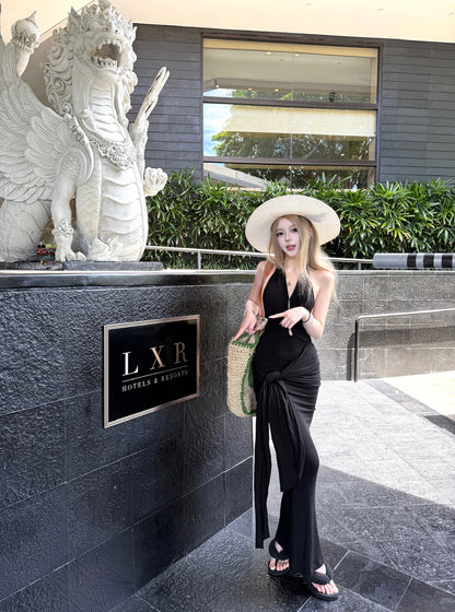 Tsuki | Asymmetric Halter Neck Backless Maxi Dress (Black)