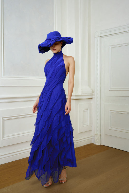 Tsuki | Halter Backless Ruffled Tiered Maxi Dress (Klein Blue/Burgundy Red)