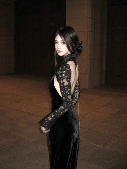 Tsuki | Velvet Maxi Dress with Chain (Black)