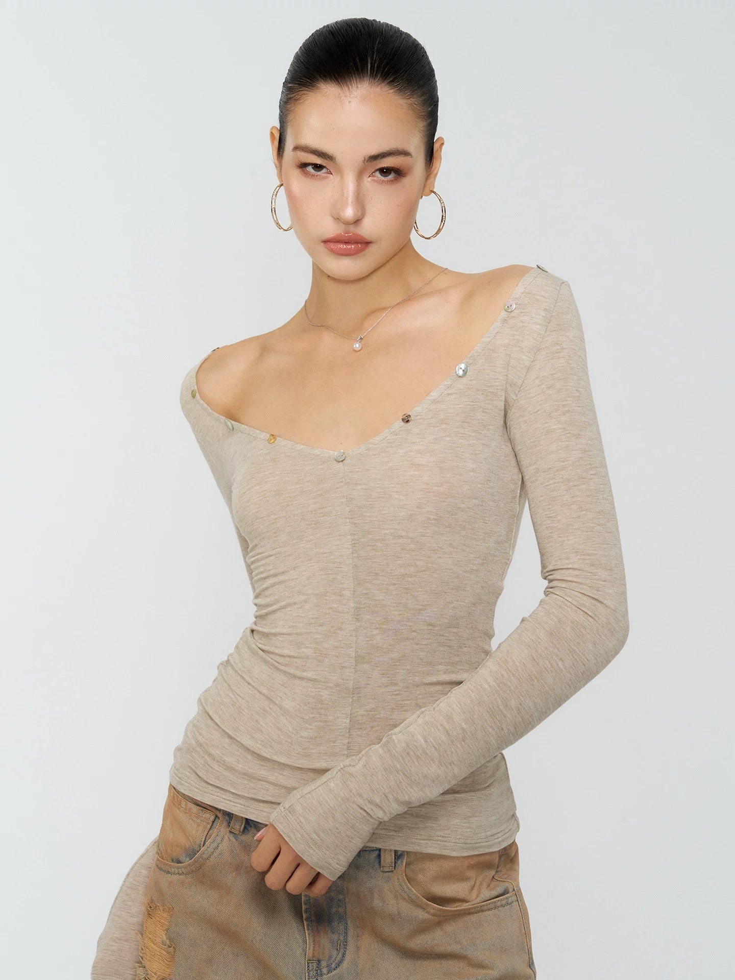 4muggle | Khaki V-Neck Rhinestone Button 2 Way Long-Sleeve Top