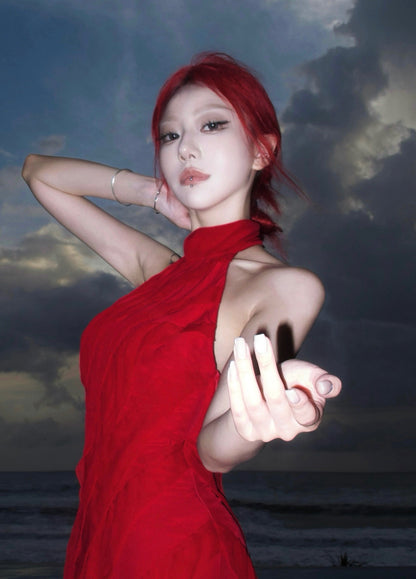 Tsuki | Halter Backless Ruffled Tiered Maxi Dress (Klein Blue/Burgundy Red)