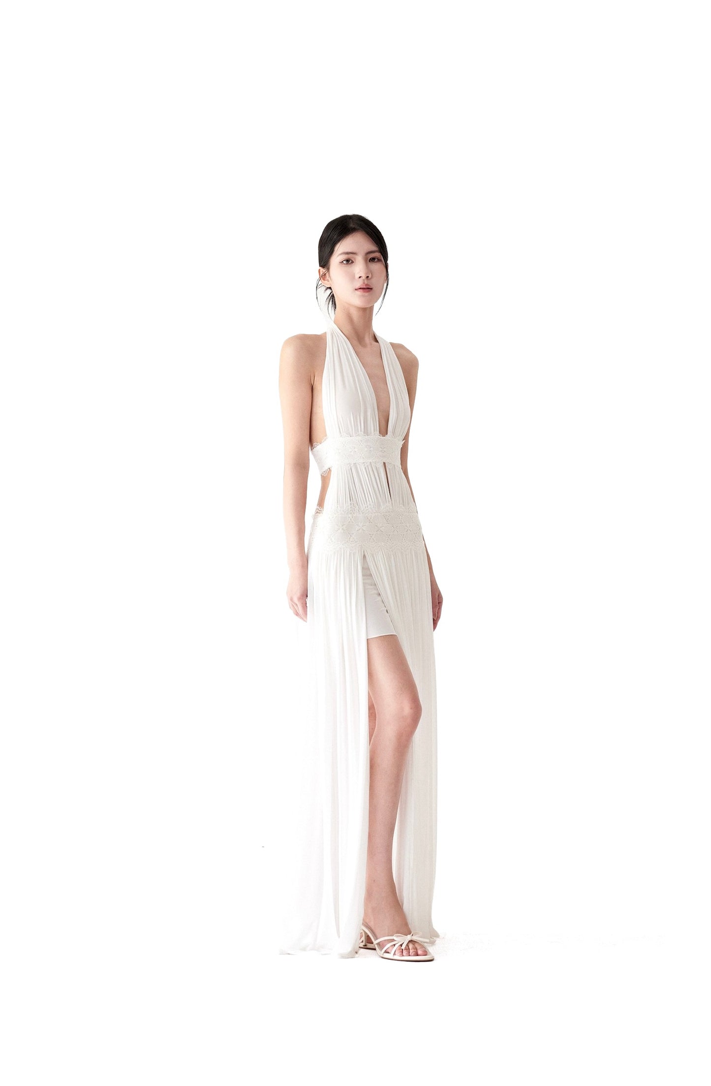 Tsuki | Halter Neck Pleated Backless Maxi Dress