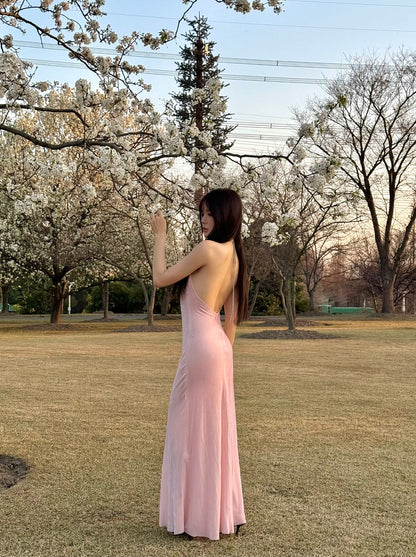 Tsuki | Velvet Maxi Dress with Chain (Sakura Pink)