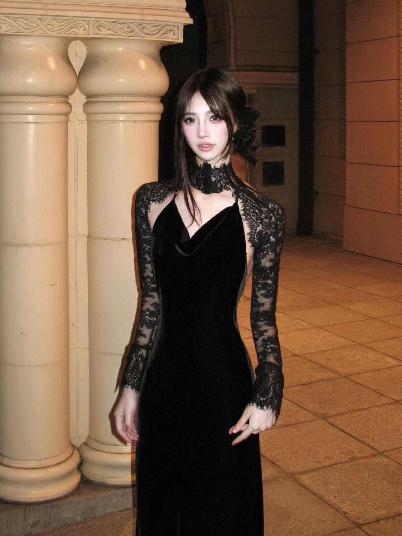 Tsuki | Velvet Maxi Dress with Chain (Black)