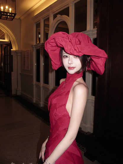 Tsuki | Halter Backless Ruffled Tiered Maxi Dress (Klein Blue/Burgundy Red)