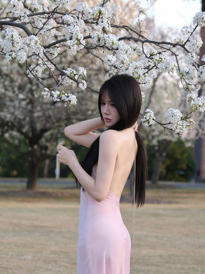 Tsuki | Velvet Maxi Dress with Chain (Sakura Pink)