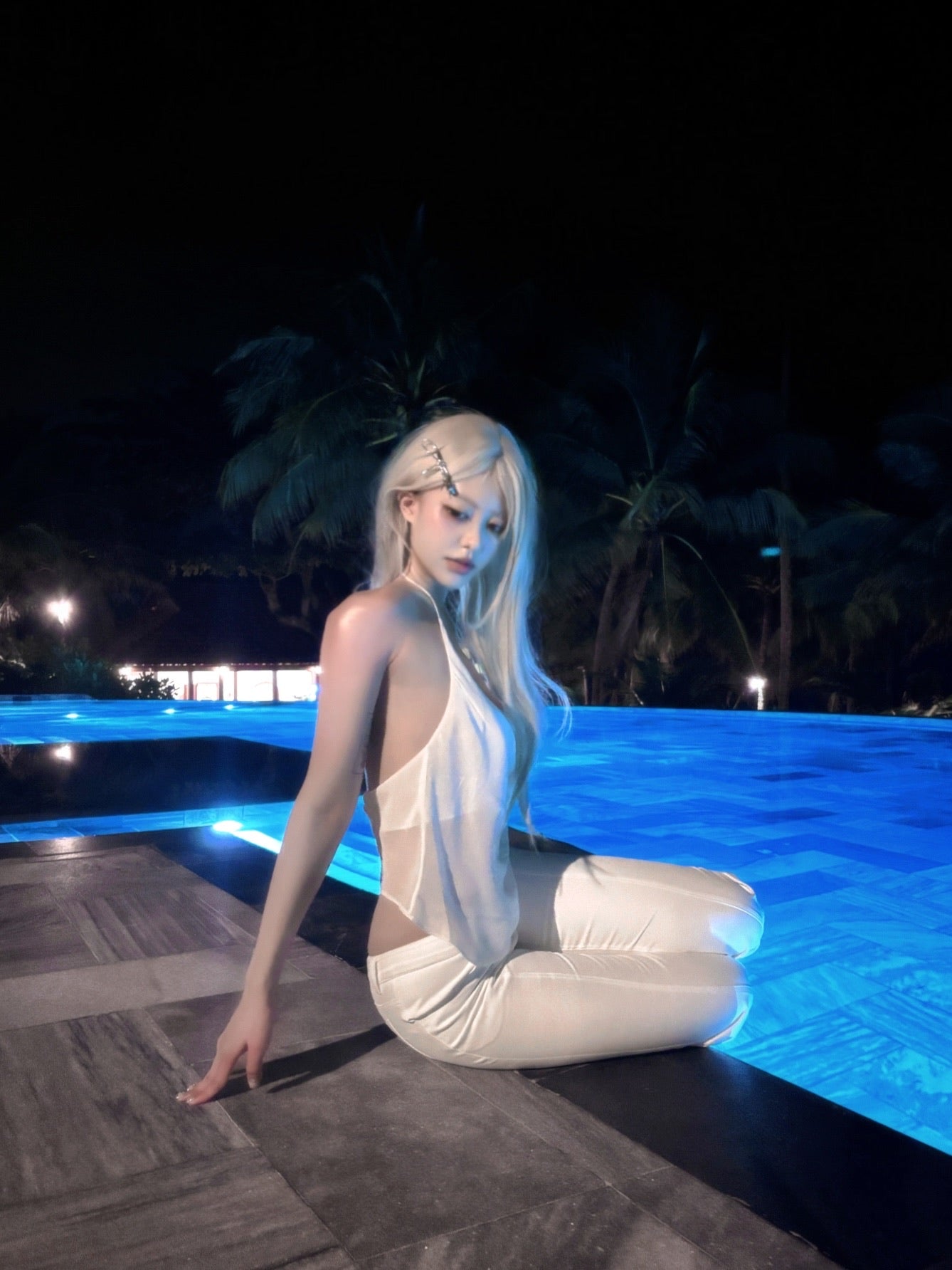 Tsuki | Halter Neck Backless Top + Low-Rise Bootcut Pants (White)