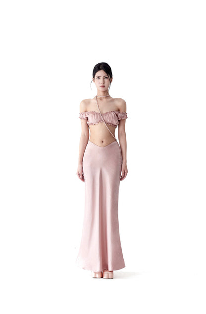 Tsuki | Off-the-Shoulder Bra Top+Ruffled Mermaid Skirt (Soft Pink)