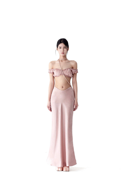 Tsuki | Off-the-Shoulder Bra Top+Ruffled Mermaid Skirt (Soft Pink)