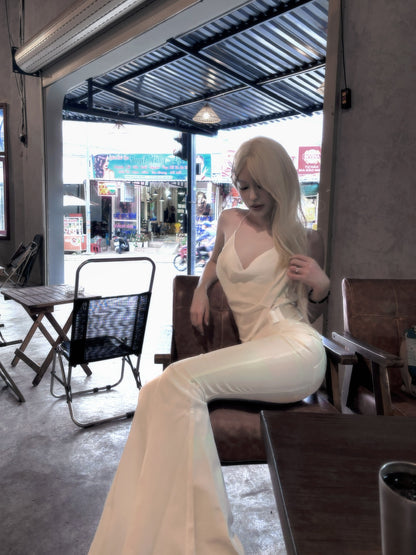 Tsuki | Halter Neck Backless Top + Low-Rise Bootcut Pants (White)
