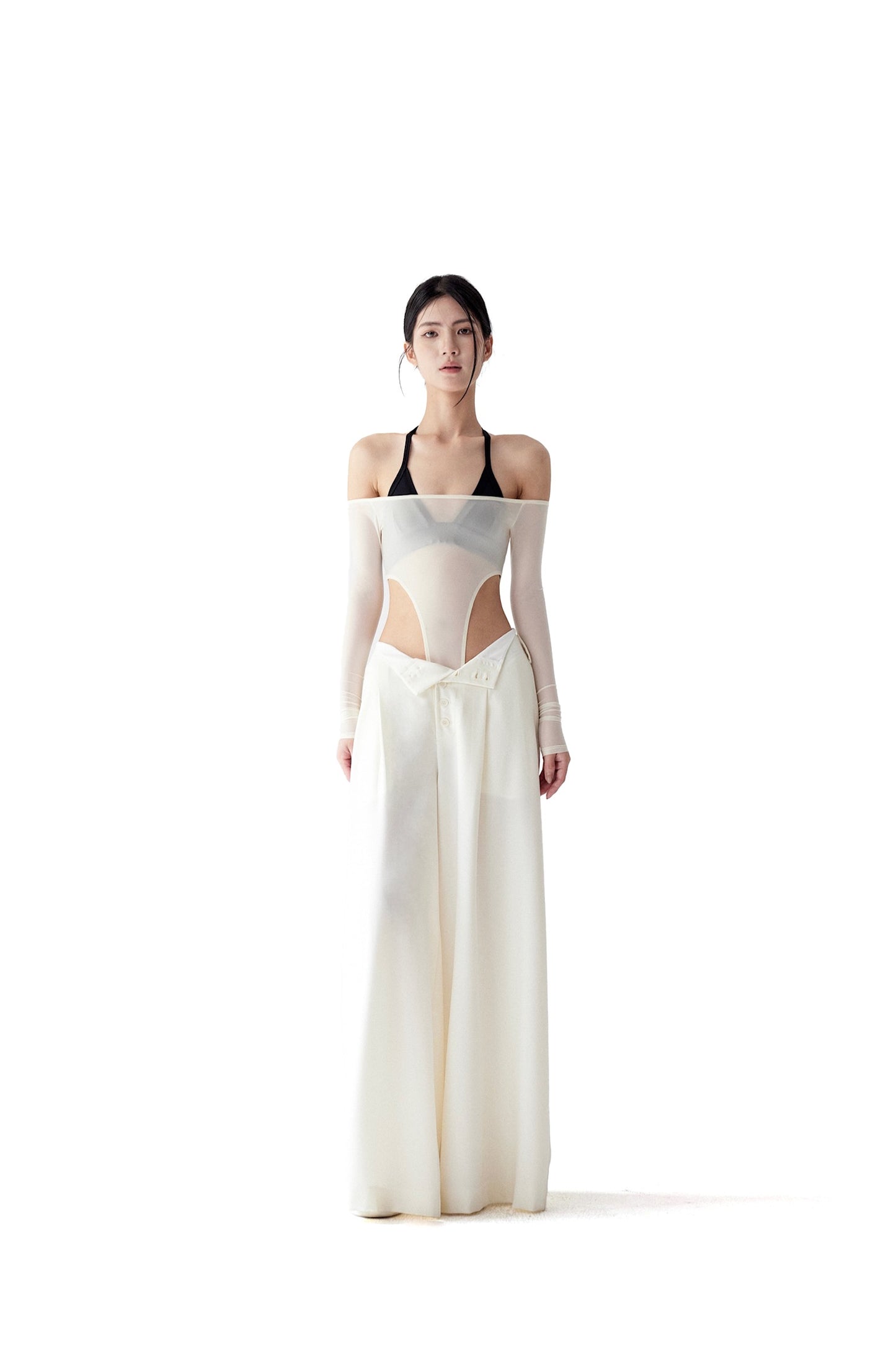 Tsuki | Semi-Sheer Off-the-Shoulder Bodysuit (Cream)