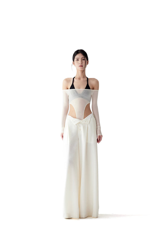 Tsuki | Semi-Sheer Off-the-Shoulder Bodysuit (Cream)