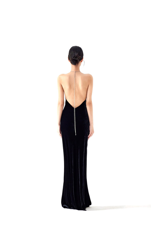 Tsuki | Velvet Maxi Dress with Chain (Black)